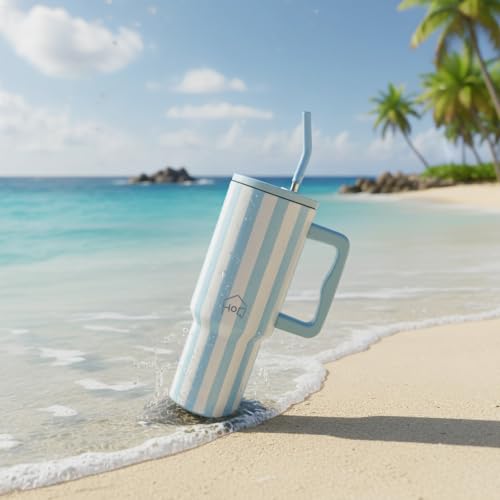 Image of House of Quirk 1200ML Stainless Steel Tumbler with Handle & Lid, 2 Straws - Large Travel Mug Water Cup for Gym, Office & Outdoor Use (Coastal Stripe)