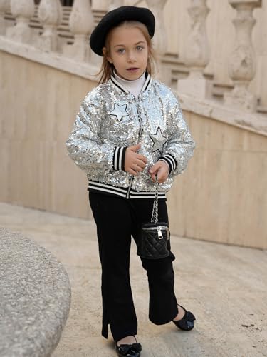 Image of LOLANTA Girls Sequin Jacket, Long Sleeve Kids Bomber Coats with Pockets, Spring Fall Outfits for 4-15 Years