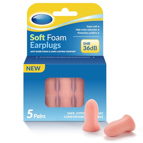 Fioobie Tapones de espuma de 36 dB probados en laboratorio, paquete de 5 con funda, reducción de ruido reutilizable para dormir, viajar y concentrarse