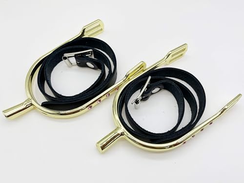 QualiTime English Equestrian Riding Spurs with Straps for Women, Zinc Alloy Chrome Plated Bumper Spurs, Prince of Wales Spurs with Rhinestone, 1 Pair (Leather Straps, Golden)