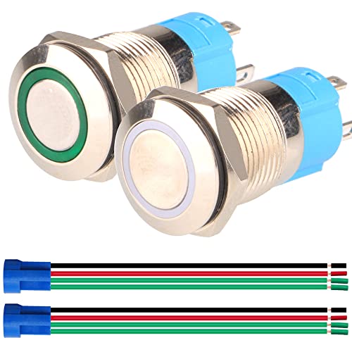 Kiligen 2個 12mmステンレス製モーメンタリー押しボタン12V-24V 3A LED SPSTオンオフ防水ボタン(ワイヤーソケットプラグ付き)(緑/白いLED) Kiligen 2個 12mmステンレス製モーメンタリー押しボタン12V-24V 3A LED SPSTオンオフ防水ボタン(ワイヤーソケットプラグ付き)(緑/白いLED)