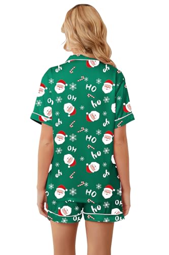 Image of Schbbbta Womens Pajamas, Satin Silk Pjs 2 Pcs Set Button-Up Short Sleeves Notched Collar Sleepwear Soft Cozy Cool Loungewear, R Christmas Santa Claus, X-Large