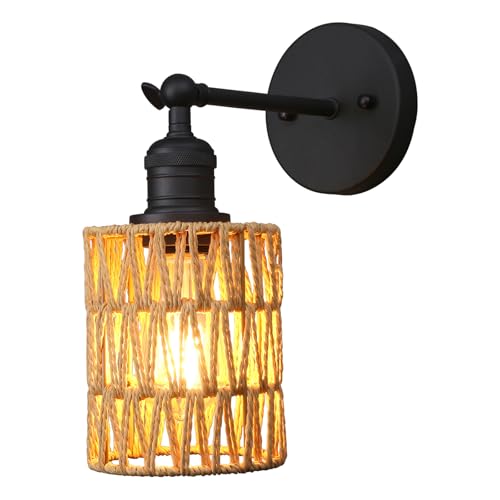 Image of Yosoan Rattan Boho Wrapped Wall Sconce Light, Indoor Hardwired Hand-Woven Farmhouse Vintage Wall Lamps, Brass Handmade Braided Rope Small Straight Shade Wall Mount Fixture for Reading Hallway(Black)