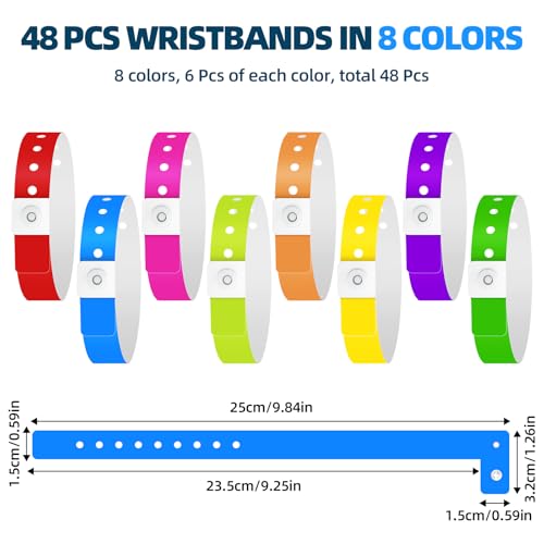 Mittimiya SBWD01 48 Pieces 6 Colors Vinyl Wristband Plastic Event Wristband Adjustable Size Event Bracelets, Waterproof, Tearproof Colored Wristband For Parties Events Concerts Carnivals Waterparks Identification thumb #1