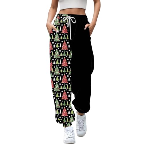 Pantalones cortos de pijama de algodón para mujer de Navidad elástica cintura bolsillos deportivos casuales con estampado suelto largo Trousers botón vaquero atornillado, verde, XL