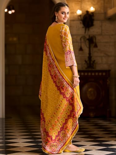Image of INDO ERA Women's Silk Blend Ethnic Motifs Embroidered Straight Kurta & Pant with Dupatta Set (IEOUT12101)