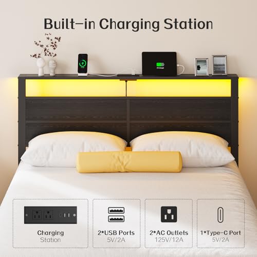 Image of Liians Queen Size Black Metal Bed Frame with USB Type-C Charging Headboard, Smart LED Lights, Noise-Free Platform Bed, No Box Spring Needed, Easy Assembly