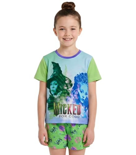 Wicked Girls Short Pyjamas | Official Summer PJ Set | Elphaba & Glinda Sleepwear | Kids Short Sleeve Top & Shorts (UK Age 9 Years 10 Years Regular) Green