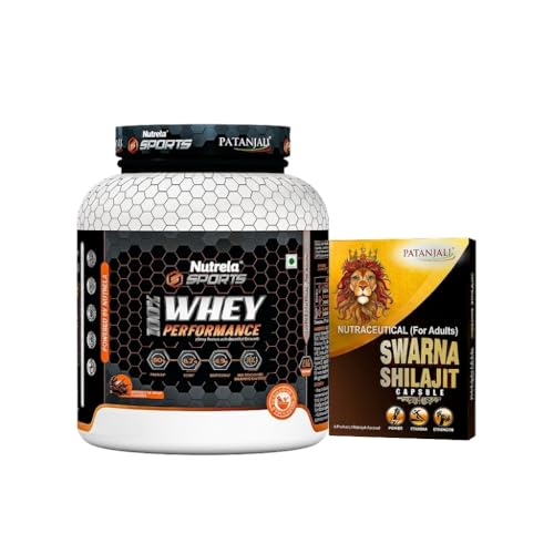 Image of NUTRELA Sports Patanjali Whey Protein 2kg, Irish Chocolate and Shilajit 10 Caps