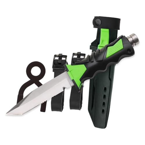 Scuba Diving Knife with Leg Strap Sheath and Silicone Strap, Double Edged Tactical Sharp Dive Stainless Steel Blade with Lock Release Button for Divers Snorkeling Spearfishing Hunting Hiking, Green