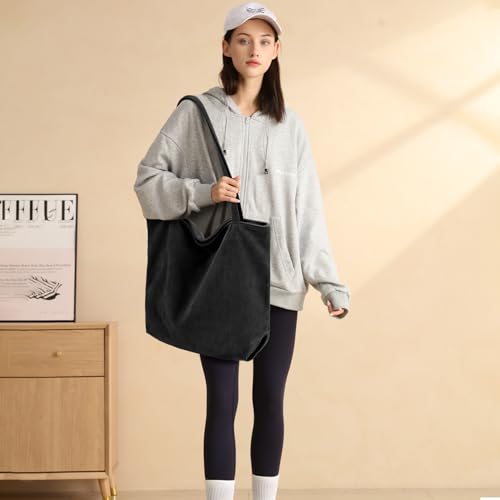 Tote Bag Damen Shopper Cord Tasche Groß Beuteltasche Schultertasche Mit ReißVerschluss,Stoff Umhängetasche Handtasche Für Schule Arbeit Büro Reisen Einkaufen Alltag,Geschenk für Damen