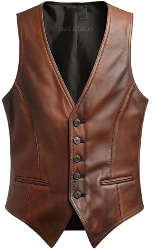 IZAC & DAUD Men's Brown Leather Motorcycle Vest - Sleeveless, V-Neck, Cowhide Biker Riding sleeveless Motorcycle Leather Vest