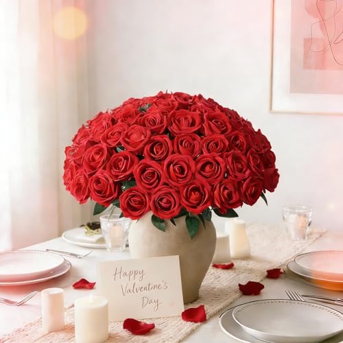 Image of INSPRING 50 PCS Red Roses Artificial Flowers with Long Stems | Real Looking, Fake Roses, Silk Flowers, DIY Bouquet, Wedding Party Celebration Home Bridal Decoration Gift, for Her Wife