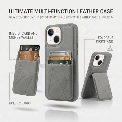 Image of amazon basics Premium Vegan Leather Back Cover with Card Holder and Integrated Mobile Stand for iPhone 14 - Slim Shockproof Wallet Case with Geometric Stitching [Gray]