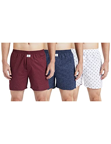 Image of Longies Pure Cotton Men Printed Boxers Pack of 3 Regular Shorts (LGBOXPO3V003 Navy,Maroon,Off White3263 XL)