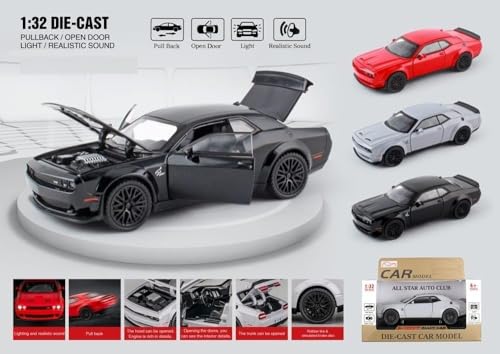Image of Umadiya Dodge Challenger SRT Toy Car 1:32 Scale Model Car Exclusive Alloy Metal Car Die-cast Scale Model Pullback Toy with Sound & Light Music Best Gifts Toys Kids【Colors as Per Stock】
