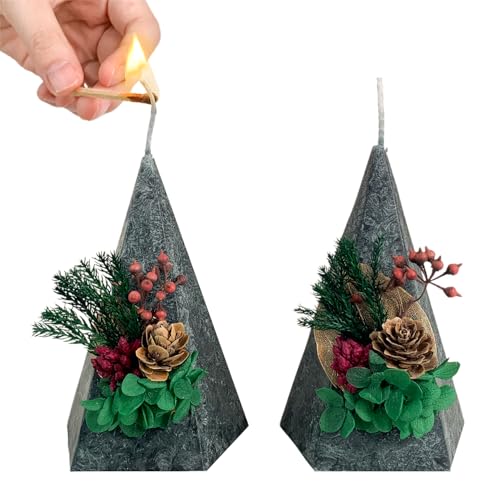 Kissingfish Christmas Candles Set of 2, Dark Green Pillar Candles Scented with Christmas Pine Cones Ornament Decor, Pyramid Shaped Unique & Cute Candle Set, Size H 4.72
