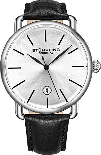 Stuhrling Original Mens Watch Calfskin Leather Strap - Vintage Style Lugs - Silver Analog Watch Dial with Date, 3913 Ascot Watches for Men Collection (Black/Silver)