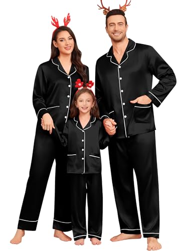 SWOMOG Matching Family Pajamas Set Women & Men Silk Satin Pjs 2 Pcs Long Sleeve Button Down Sleepwear with 2 Pockets(Men, Black, Medium)