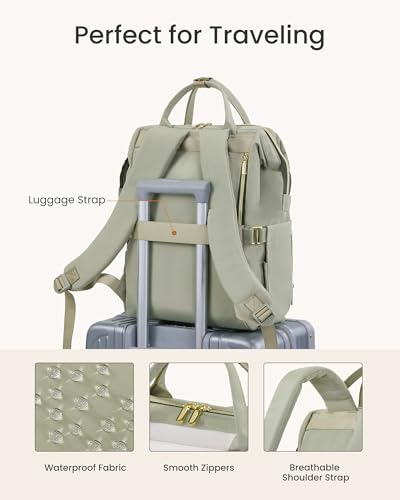 Image of LOVEVOOK Laptop Backpack for Women with Giant Tumbler Holder Pocket, 15.6 inch Travel Work Backpack Purse for Nurse Teacher, Waterproof Bag College Bookbag Casual Daypack Green