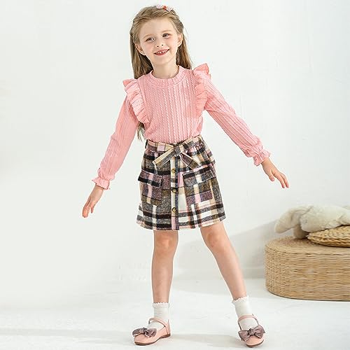 Image of Weixinbuy Toddler Girl Fall Winter Clothes Solid Long Sleeve Ribbed T-Shirt Knit Tops Plaid Button Mini Skirts Set Outfits