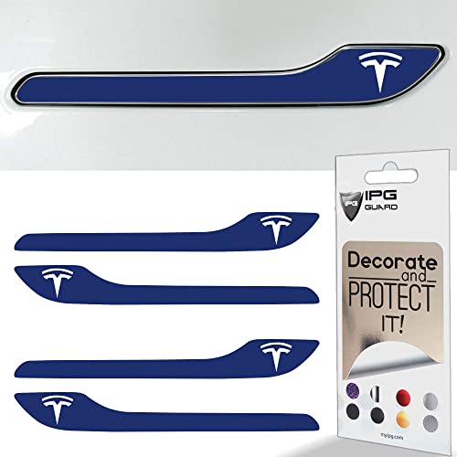 Image of IPG Compatible for Model 3 / Model Y /Juniper Door Handle Decal Sticker Wrap Kit (Set of 4) with Tesla Logo Personalize Your Tesla (Navy Blue)