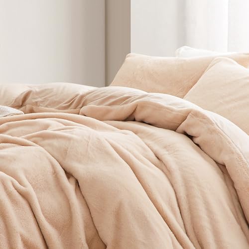 Lanqinglv Plush Bed Linen 135 x 200 cm Beige White Faux Fur Fluffy Winter Bed Linen Warm Cosy Flannel Fleece Flannelette Plain Duvet Cover with Zip and 1 Pillowcase 80 x 80 cm - Image 3
