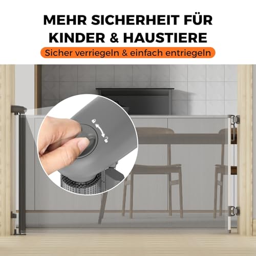 Allyson® Treppenschutzgitter Ausziehbar, Türschutzgitter bis 140 cm Treppengitter für Kinder & Haustiere, Kinderschutzgitter 85 cm Höhe, Haustierschutzgitter Einziehbar, Verstellbar & Stabil – Grau