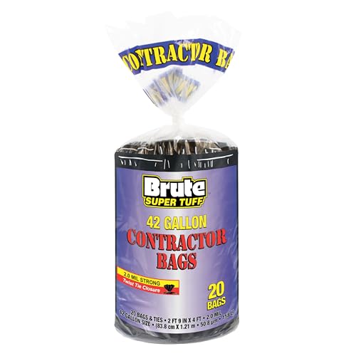 Brute Super Tuff Heavy Duty 2.0 MIL Contractor Bags, Large Trash Bags, Twist Tie Closure, Black, 42 Gallon, 20 Count