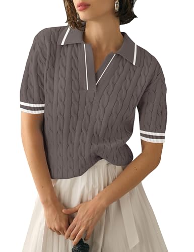 Image of Micoson Womens Short Sleeve Sweater Tops Lapel V Neck Polo Shirts 2026 Summer Cable Knit Loose Blouse Business Casual Outfits