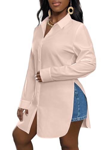 Image of LYANER Women's Collar Neck Long Sleeve Button Down Shirts Sexy Split Hem Tops Long Blouse Shirt Dress
