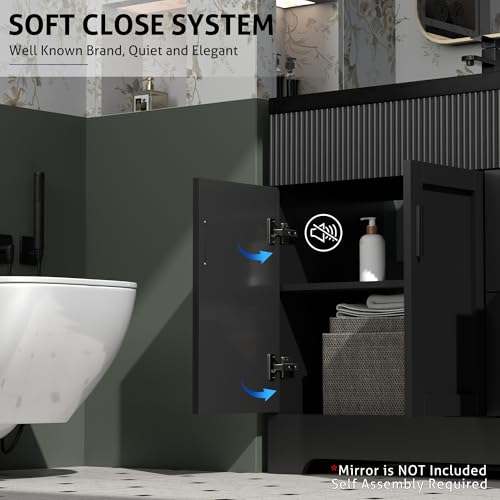 Image of eclife 60 inch Bathroom Vanities Sink Combo with Painted Surface, Modern Drawered Cabinet W /Decorative Wave Lines, Undermount Double Black Sink, Matte Black Faucet Drain, Black