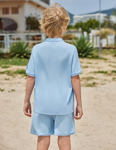 Image of Arshiner Boy's 2 Piece Beach Outfit Short Sleeve Textured Button Down Shirt and Short Sets Summer Vacation Wear 4-12 Years