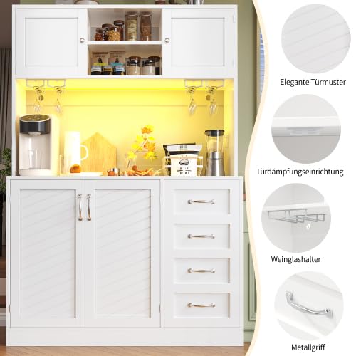 vutizal Szafka bufetowa z oświetleniem LED – 4 drzwi, 2 szuflady, regał na przekąski i szafka kuchenna z płyty MDF, 120 x 40 x 188 cm, biała konstrukcja z blatem roboczym