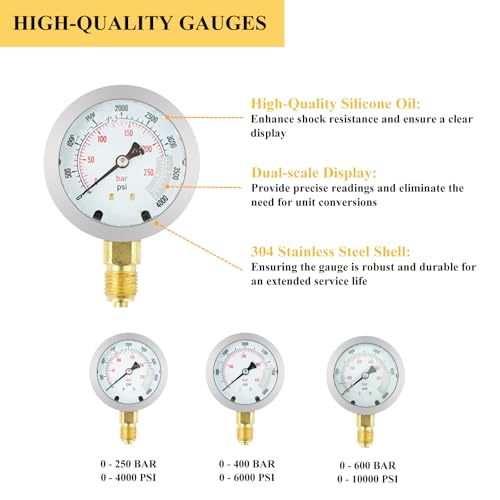 Image of Hydraulic Pressure Test Kit, 3 Gauges( /4000 /6000 /10000 PSI) & 8 Test Couplings & 1 Quick Connector & 3 Test Hoses, Hydraulic Pressure Gauges, for Excavator, Construction, Machinery