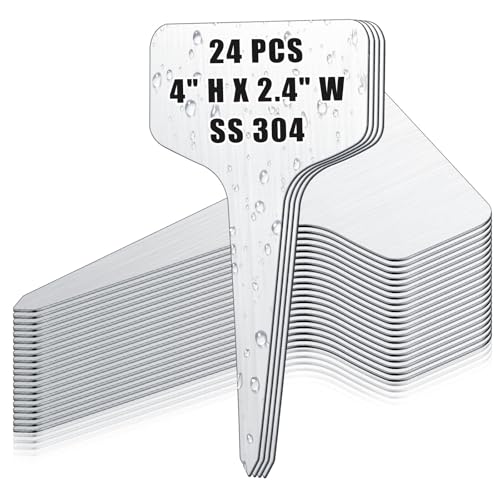 Hicarer 24 Pcs Metal Plant Labels Weatherproof Garden Markers 4' x 2.4' Engraving Stainless Steel 304 T-Type Plant Tags Reusable Nursery Tags for Outdoor Garden Greenhouse Vegetables Herb Flower Seed