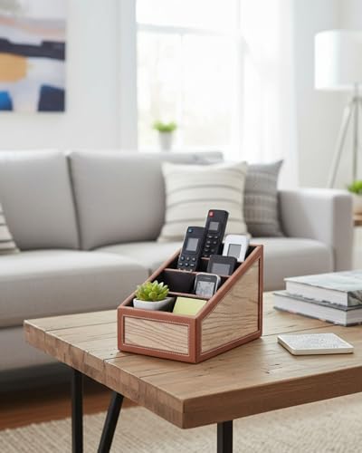 Image of Premsons Remote Holder Artificial Leather with Wooden Finish - 4 Section Tabletop Organizer for TV, AC & Office Desk Accessories - Compact & Stylish Storage Solution for Home & Office - Orange