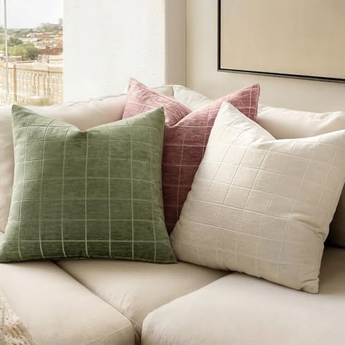 Image of MIULEE Sage Green Plaid Decorative Throw Pillow Covers 20x20 Set of 2 | Vintage Check Chenille Couch Pillows Neutral Boho Farmhouse Cushion Covers Modern Home Decor for Sofa Bed Living Room