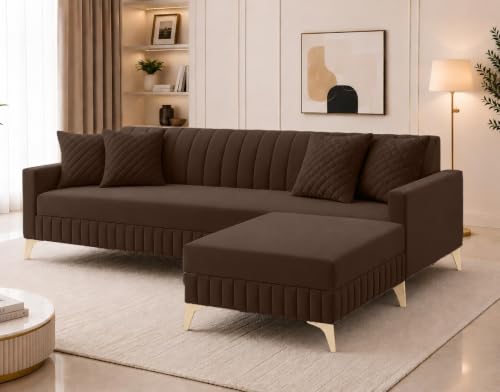 Image of AMATA Falcon 4 Seater L Shape Suede Velvet Fabric Brown Colour Sofa Set with Two Cushions Perfect for Home Office Guests Living Room (Falcon Brown, Falcon 4 Seater l Shape)(3 Year Warranty)