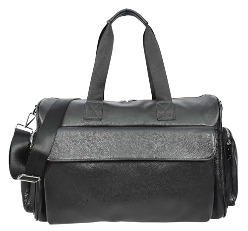 Real Leather Holdall Large Size Travel Weekend Organiser Bag Tunis Black, Black, L