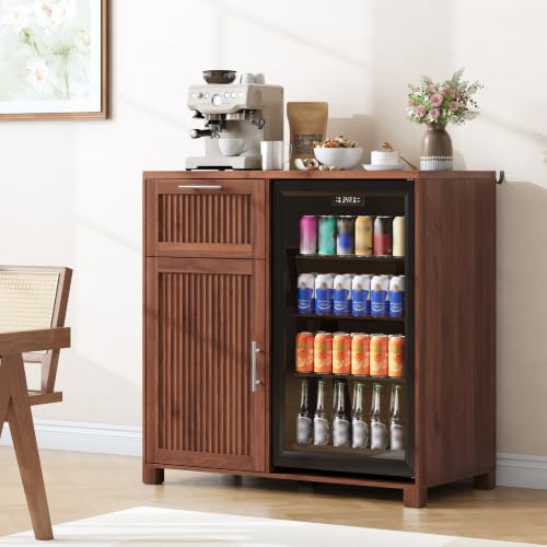 Image of 38.6 inch Long Fluted Mini Fridge Cabinet with Power Outlet & Drawer, Walnut