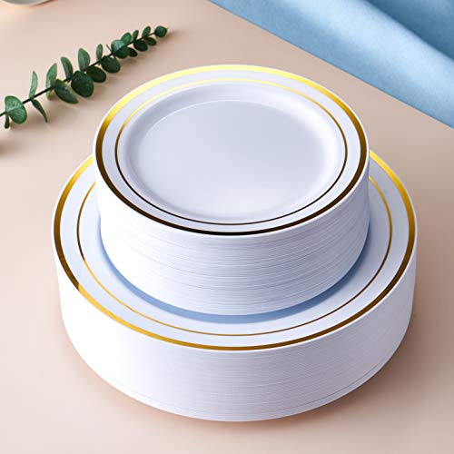 JYHOWIRE 102 Pieces Gold Plastic Plates, White Party Plates, Premium Heavyweight Disposable Wedding Plates Includes: 51 Dinner Plates 10.25 Inch and 51 Salad/Dessert Plates 7.5 Inch