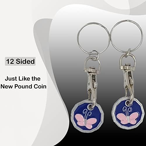 2 X Shopping Trolley Tokens New Shape 12 Edge Sided Trolly Token UK One Pound Coin Pound Key Shopping Trolley Keyring Clasp Supermarket Locker Cart for her him party Filler Bags Butterfly Design