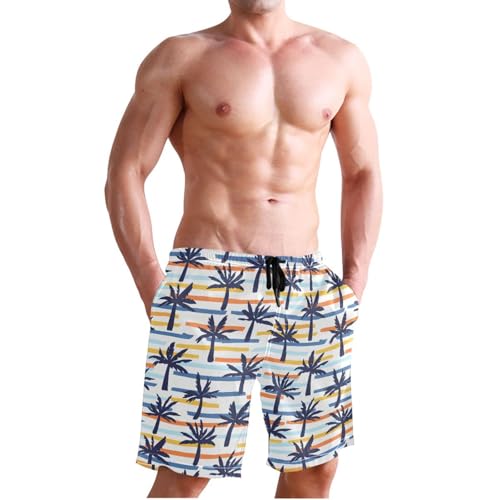 Quick Dry Coconut Tree Stripes Men's Swimming Shorts Swim Trunks with Mesh Lining Beach Wear - S3