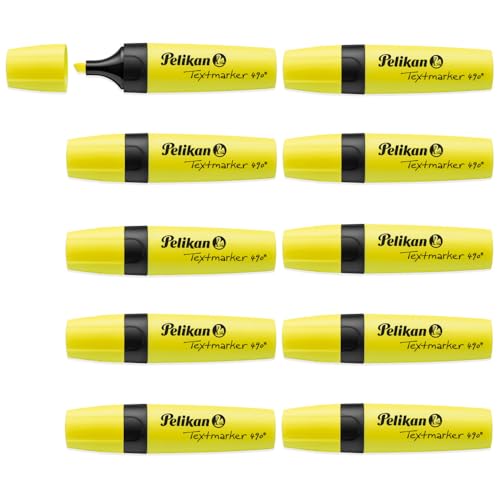 Pelikan Highlighters Box of 10 Neon Yellow Chisel Tip Quick Drying Water-Based Markers Exam Study & Office Highlighting