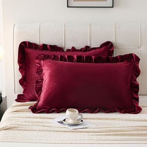 Move Over Velvet Ruffle Pillowcases Burgundy Pillowcases Queen Wine Velvet Pillow Coves Wine Red Ruffle Fringe Design Luxurious Pillow Cases with Pocket Closure Set of 2 Cover