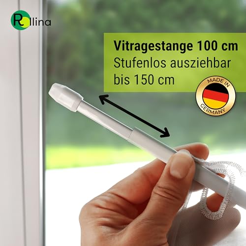 Rollina Gardinenstange ohne Bohren | 2x Vitragestange ausziehbar 100-150cm mit 4 Klebehaken für glatte Oberflächen | Scheibengardinenstange Küche Bad Fenster zum Kleben | Made in Germany