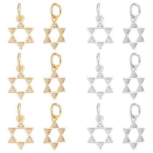 UNICRAFTALE 12Pcs 2 Colors Star of David Charms 14K Gold Plated Diamond Star Pendant Rhinestone Hollow Star Charms Small Charms with Jump Ring for DIY Crafts Bracelet Necklace Jewelry Making
