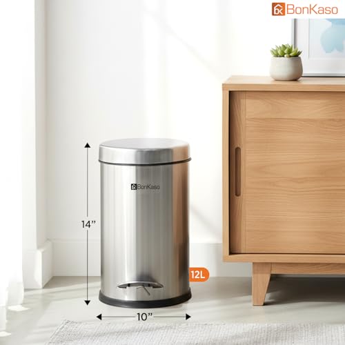 Image of Bonkaso 12L Stainless Steel Pedal Dustbin with Lid & Plastic Inner Bucket (10x14 Inch) | Foot Operated Garbage /Trash Can For Home, Kitchen, Bathroom & Office | Rust Proof Round Waste Bin (Silver)