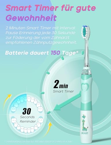 Seago Elektrische Zahnbürste Kinder mit 8 Extra Weiche Aufsteckbürste und 4 Persönliche Modi, LED Licht, Smart Timer, IPX7 Wasserdicht, Kinder Schallzahnbürste ab 3 Jahre, SG977(Grün) – Bild 7